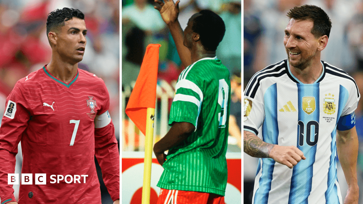Who is the African World Cup goalscorer older than Ronaldo and Messi?