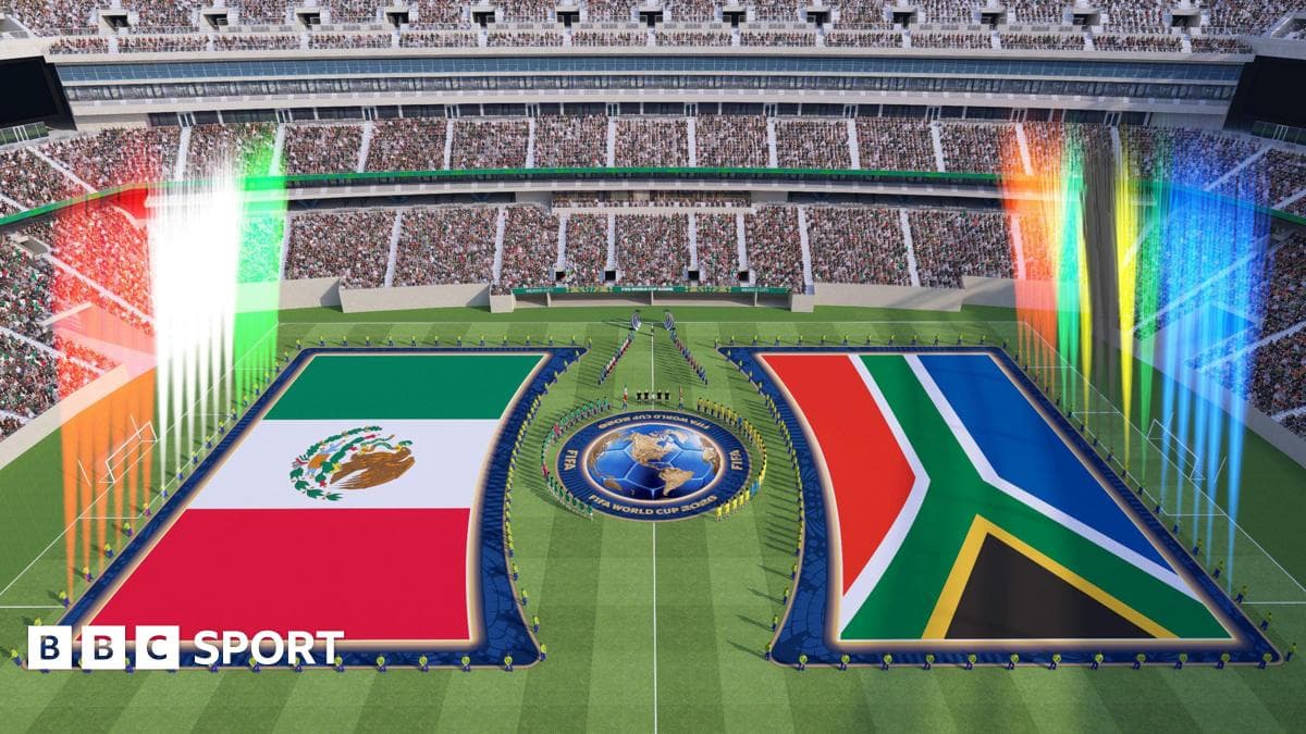 Huge flags and pyrotechnics with World Cup anthems